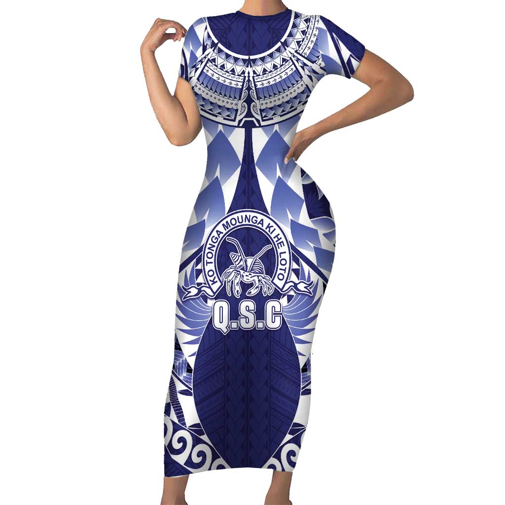 Personalised Tonga Queen Salote College Short Sleeve Bodycon Dress Centenary Navy Version LT05 Long Dress Navy - Polynesian Pride