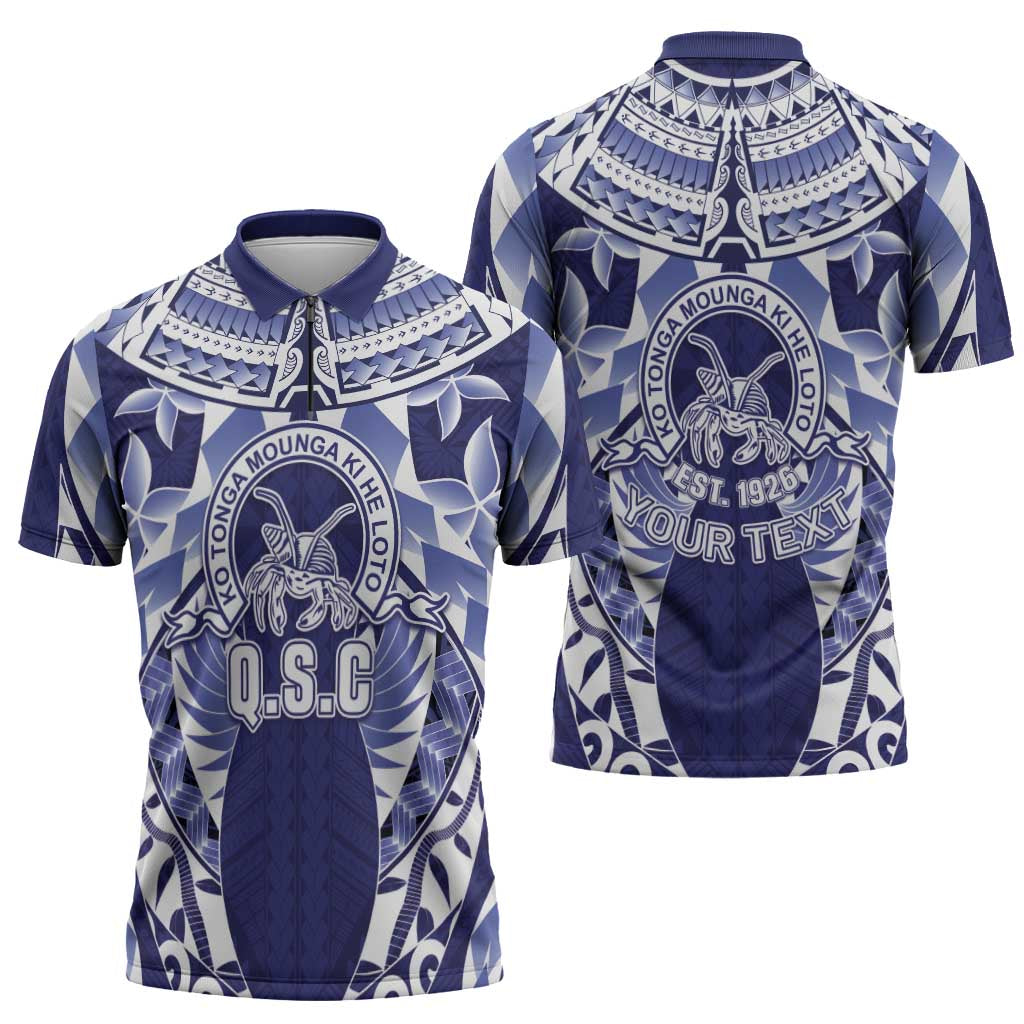 Personalised Tonga Queen Salote College Zipper Polo Shirt Centenary Navy Version LT05 - Polynesian Pride