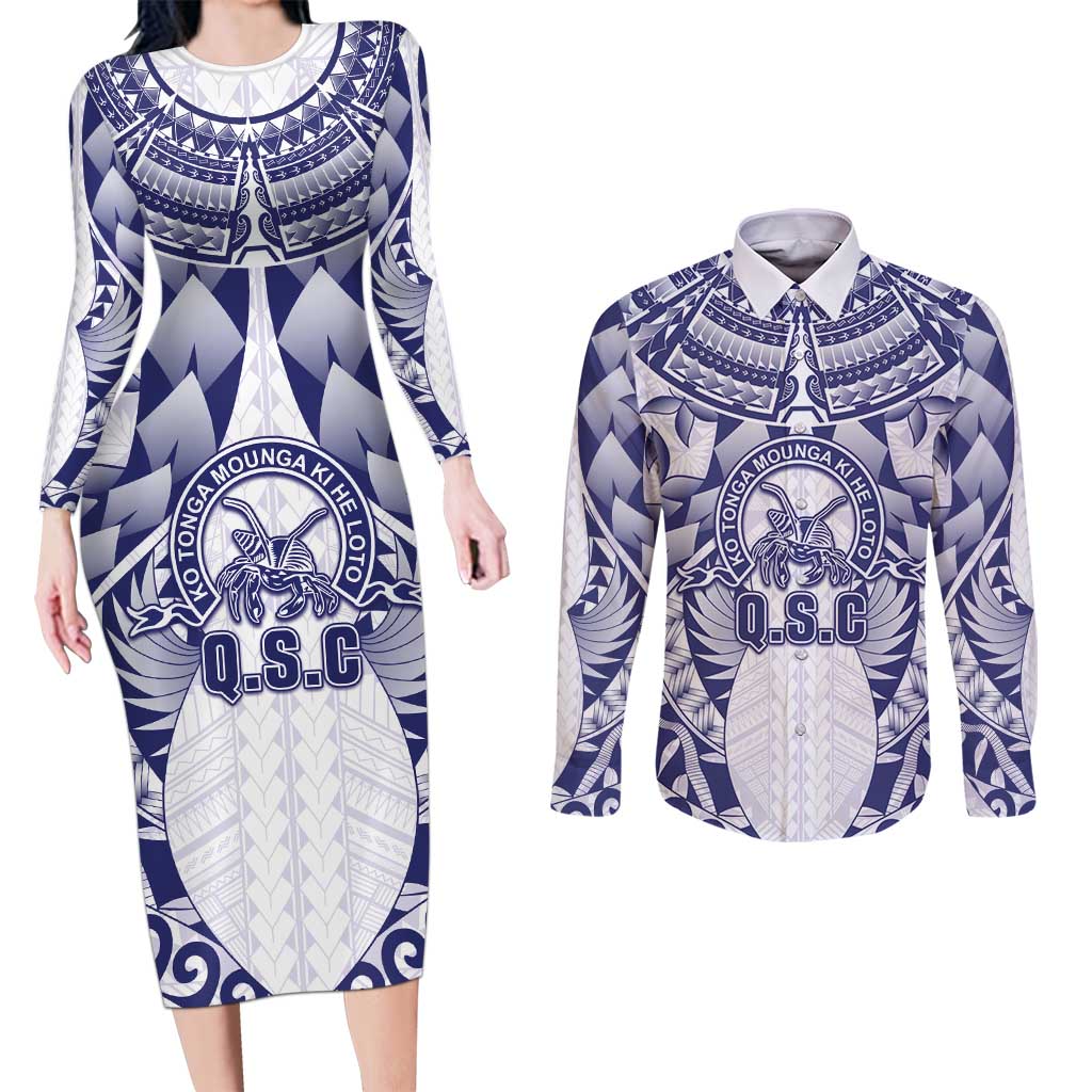Personalised Tonga Queen Salote College Couples Matching Long Sleeve Bodycon Dress and Long Sleeve Button Shirt Centenary White Version LT05 White - Polynesian Pride