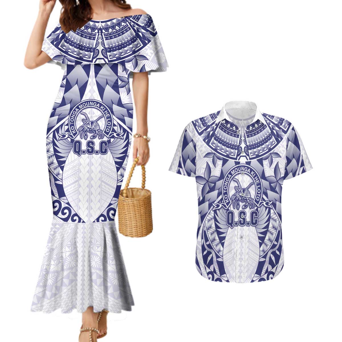 Personalised Tonga Queen Salote College Couples Matching Mermaid Dress and Hawaiian Shirt Centenary White Version LT05 White - Polynesian Pride