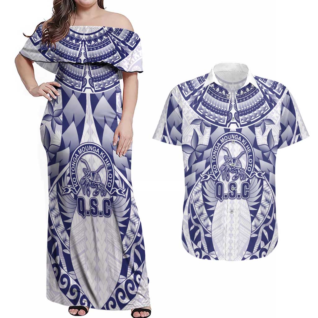Personalised Tonga Queen Salote College Couples Matching Off Shoulder Maxi Dress and Hawaiian Shirt Centenary White Version LT05 White - Polynesian Pride