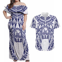 Personalised Tonga Queen Salote College Couples Matching Off Shoulder Maxi Dress and Hawaiian Shirt Centenary White Version LT05 White - Polynesian Pride