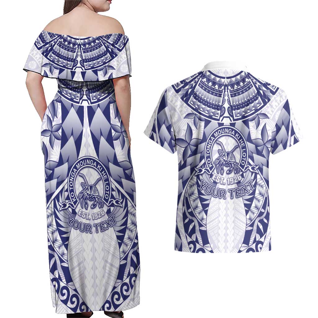 Personalised Tonga Queen Salote College Couples Matching Off Shoulder Maxi Dress and Hawaiian Shirt Centenary White Version LT05 - Polynesian Pride