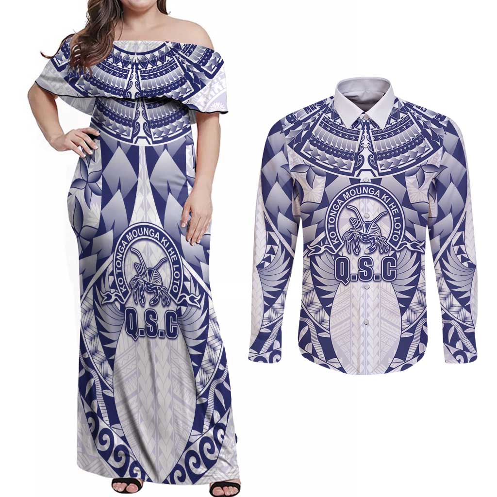 Personalised Tonga Queen Salote College Couples Matching Off Shoulder Maxi Dress and Long Sleeve Button Shirt Centenary White Version LT05 White - Polynesian Pride