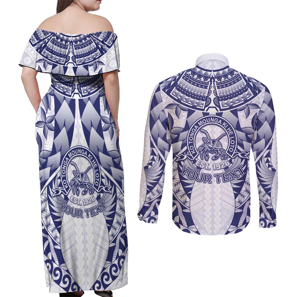 Personalised Tonga Queen Salote College Couples Matching Off Shoulder Maxi Dress and Long Sleeve Button Shirt Centenary White Version LT05 - Polynesian Pride