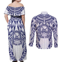 Personalised Tonga Queen Salote College Couples Matching Off Shoulder Maxi Dress and Long Sleeve Button Shirt Centenary White Version LT05 - Polynesian Pride
