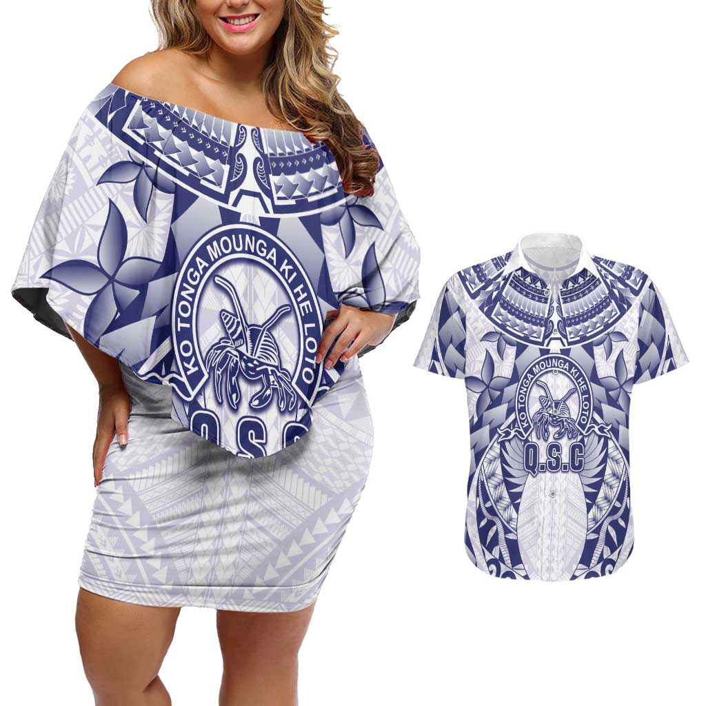Personalised Tonga Queen Salote College Couples Matching Off Shoulder Short Dress and Hawaiian Shirt Centenary White Version LT05 White - Polynesian Pride