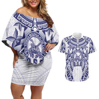 Personalised Tonga Queen Salote College Couples Matching Off Shoulder Short Dress and Hawaiian Shirt Centenary White Version LT05 White - Polynesian Pride