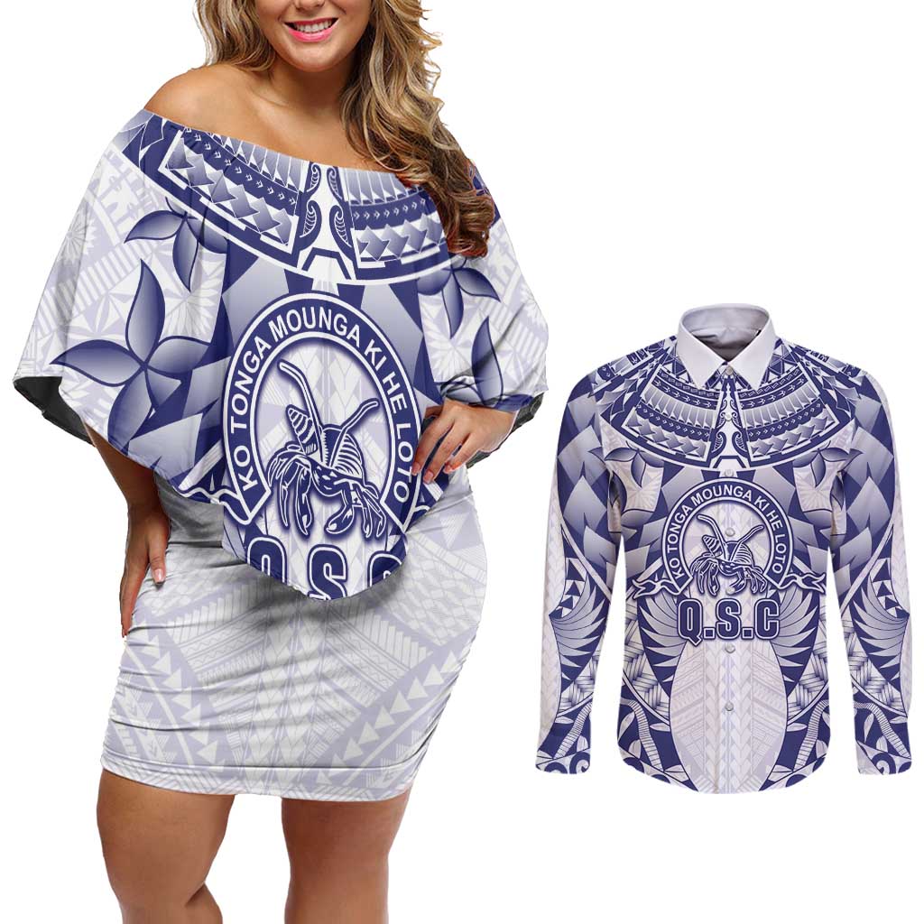 Personalised Tonga Queen Salote College Couples Matching Off Shoulder Short Dress and Long Sleeve Button Shirt Centenary White Version LT05 White - Polynesian Pride