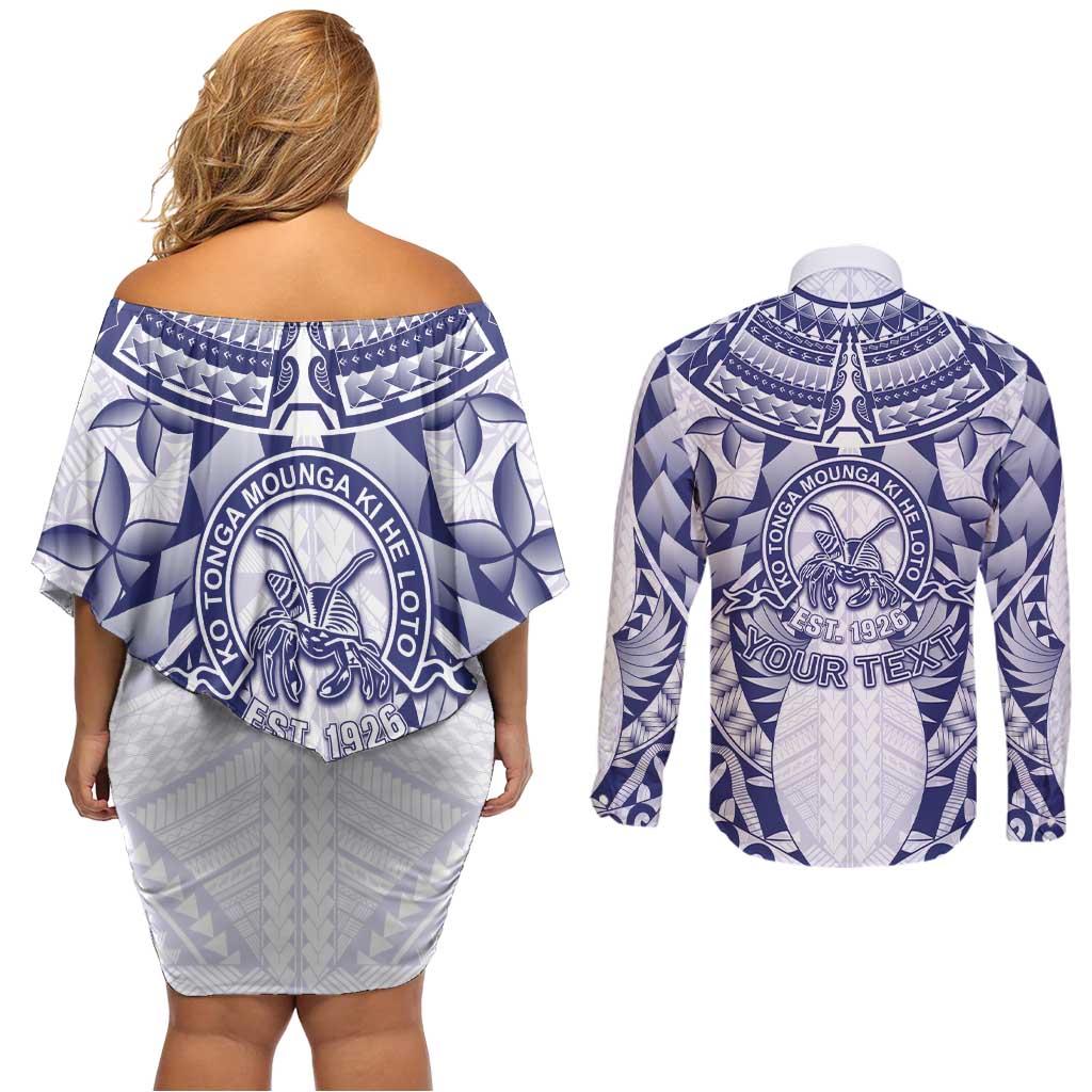 Personalised Tonga Queen Salote College Couples Matching Off Shoulder Short Dress and Long Sleeve Button Shirt Centenary White Version LT05 - Polynesian Pride