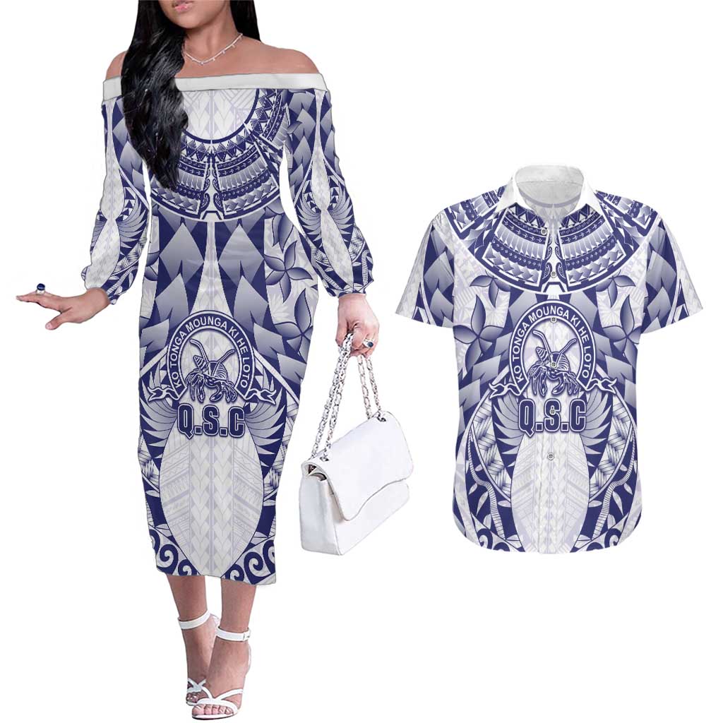 Personalised Tonga Queen Salote College Couples Matching Off The Shoulder Long Sleeve Dress and Hawaiian Shirt Centenary White Version LT05 White - Polynesian Pride