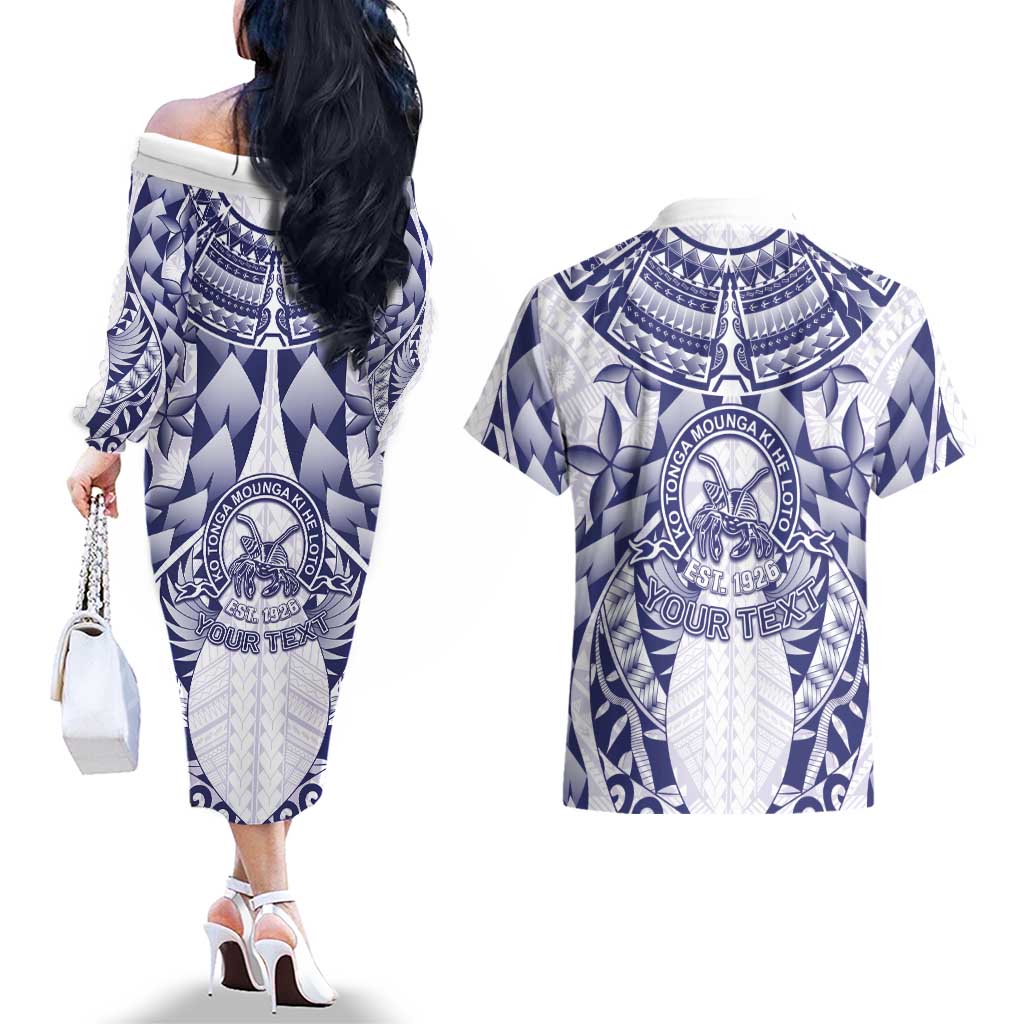 Personalised Tonga Queen Salote College Couples Matching Off The Shoulder Long Sleeve Dress and Hawaiian Shirt Centenary White Version LT05 - Polynesian Pride