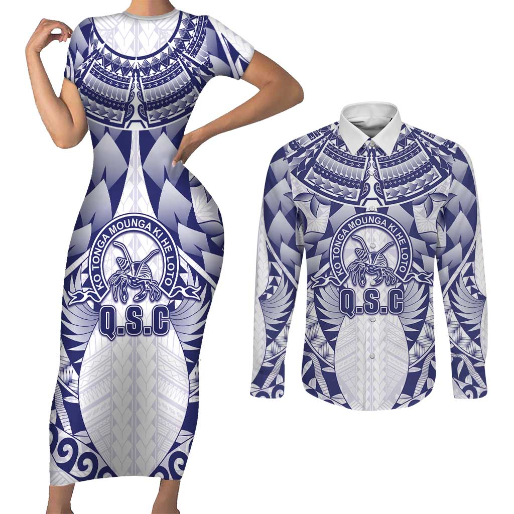 Personalised Tonga Queen Salote College Couples Matching Short Sleeve Bodycon Dress and Long Sleeve Button Shirt Centenary White Version LT05 White - Polynesian Pride