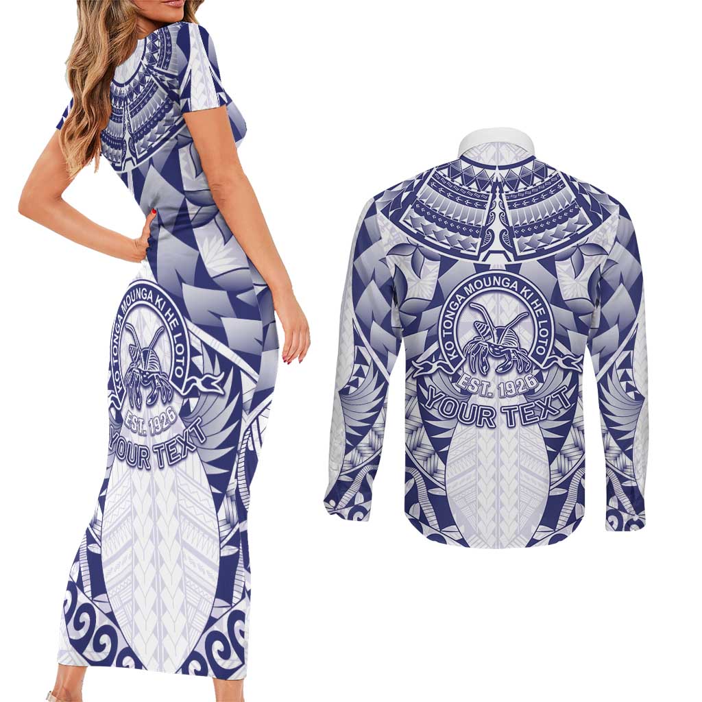 Personalised Tonga Queen Salote College Couples Matching Short Sleeve Bodycon Dress and Long Sleeve Button Shirt Centenary White Version LT05 - Polynesian Pride