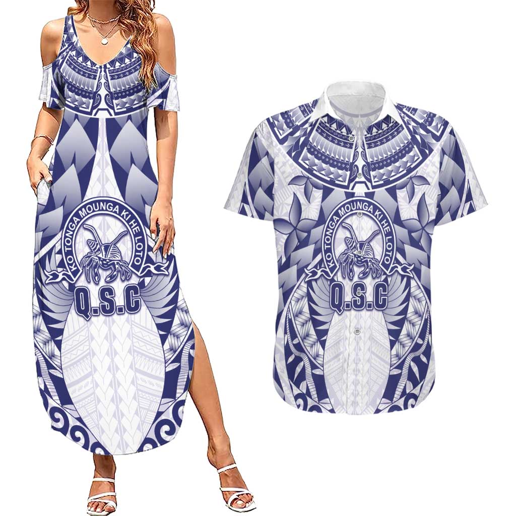 Personalised Tonga Queen Salote College Couples Matching Summer Maxi Dress and Hawaiian Shirt Centenary White Version LT05 White - Polynesian Pride