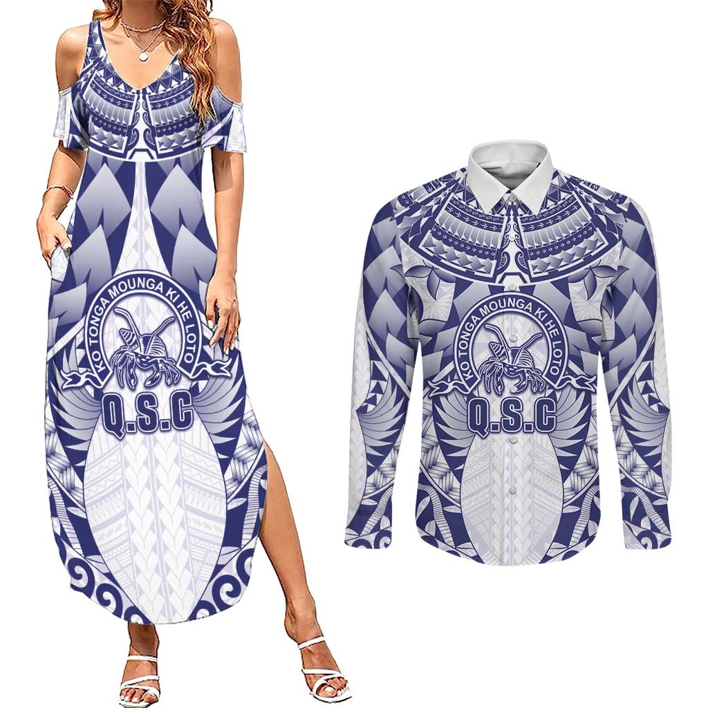 Personalised Tonga Queen Salote College Couples Matching Summer Maxi Dress and Long Sleeve Button Shirt Centenary White Version LT05 White - Polynesian Pride