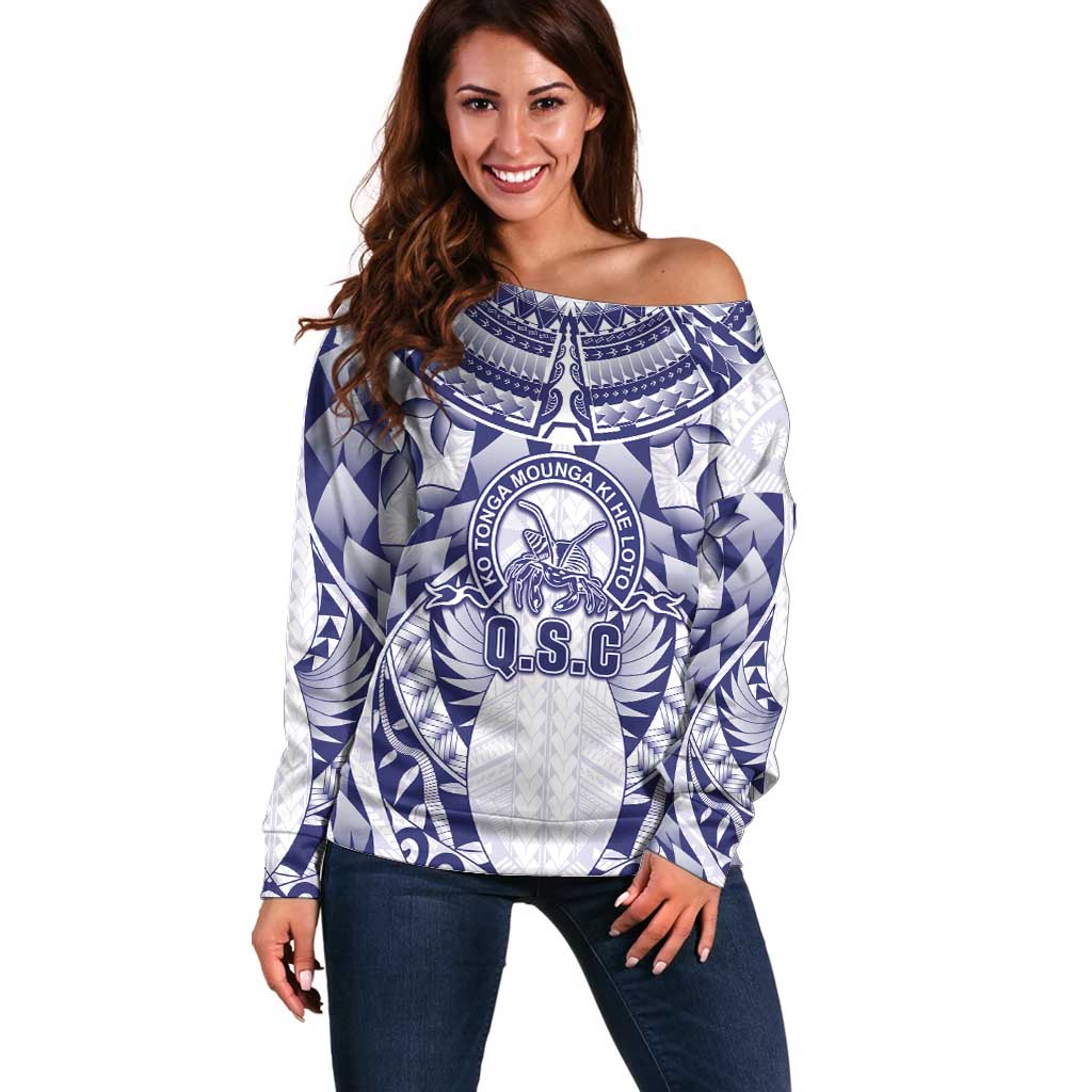 Personalised Tonga Queen Salote College Off Shoulder Sweater Centenary White Version LT05 Women White - Polynesian Pride