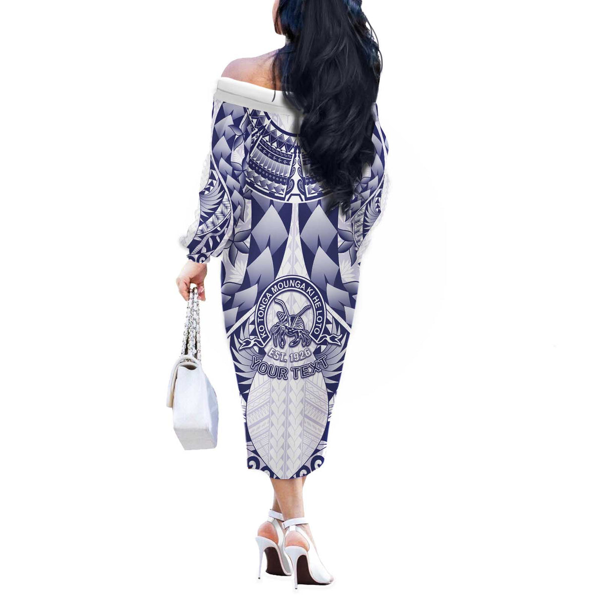 Personalised Tonga Queen Salote College Off The Shoulder Long Sleeve Dress Centenary White Version LT05 - Polynesian Pride