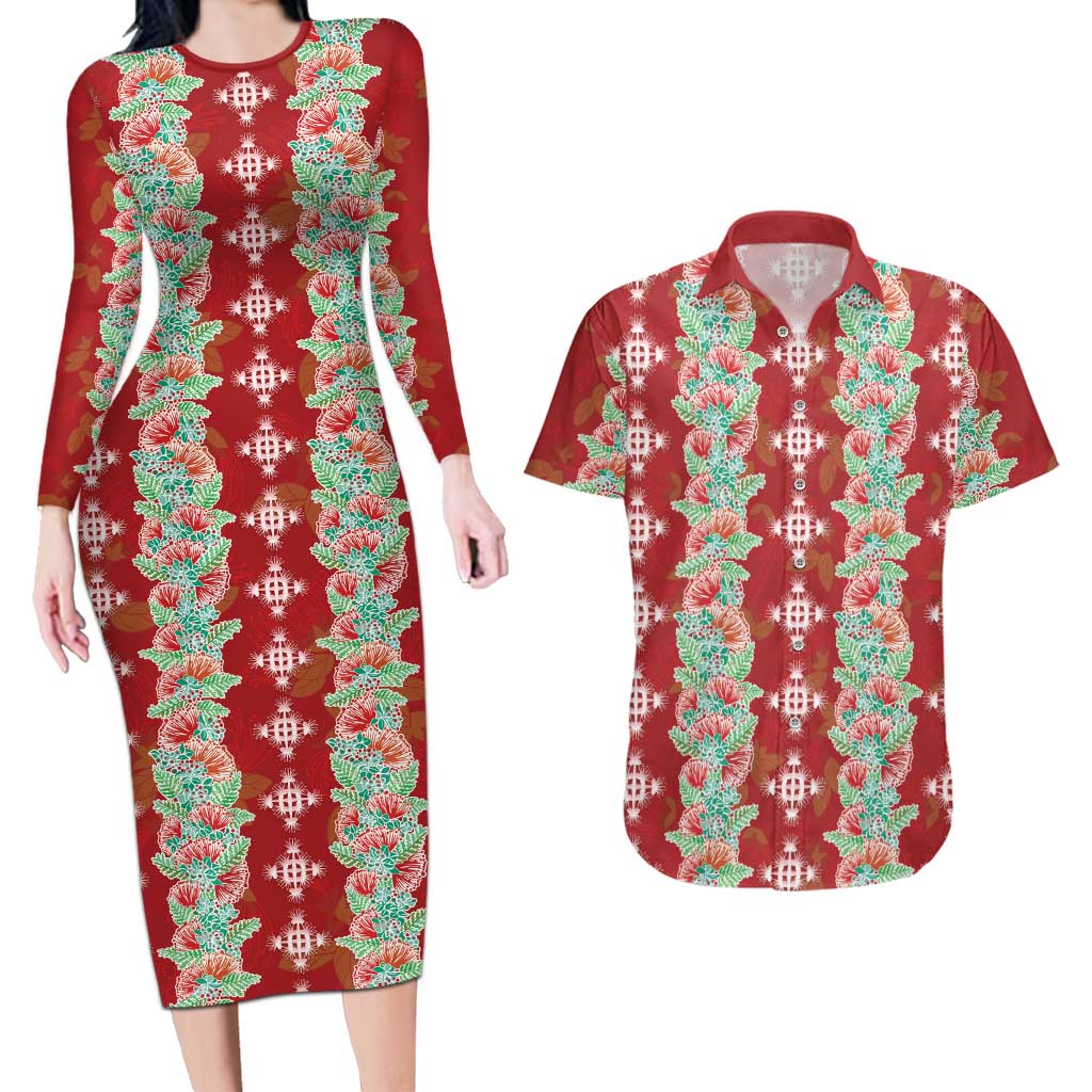 Hawaii Ohia Lehua Couples Matching Long Sleeve Bodycon Dress and Hawaiian Shirt Tropical Vibes Crimson