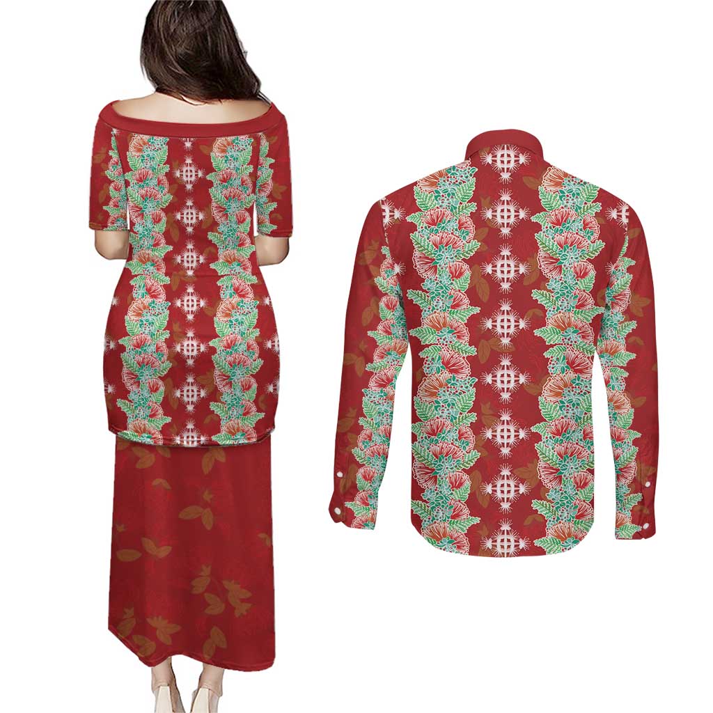 Hawaii Ohia Lehua Couples Matching Puletasi and Long Sleeve Button Shirt Tropical Vibes Crimson LT05 - Polynesian Pride