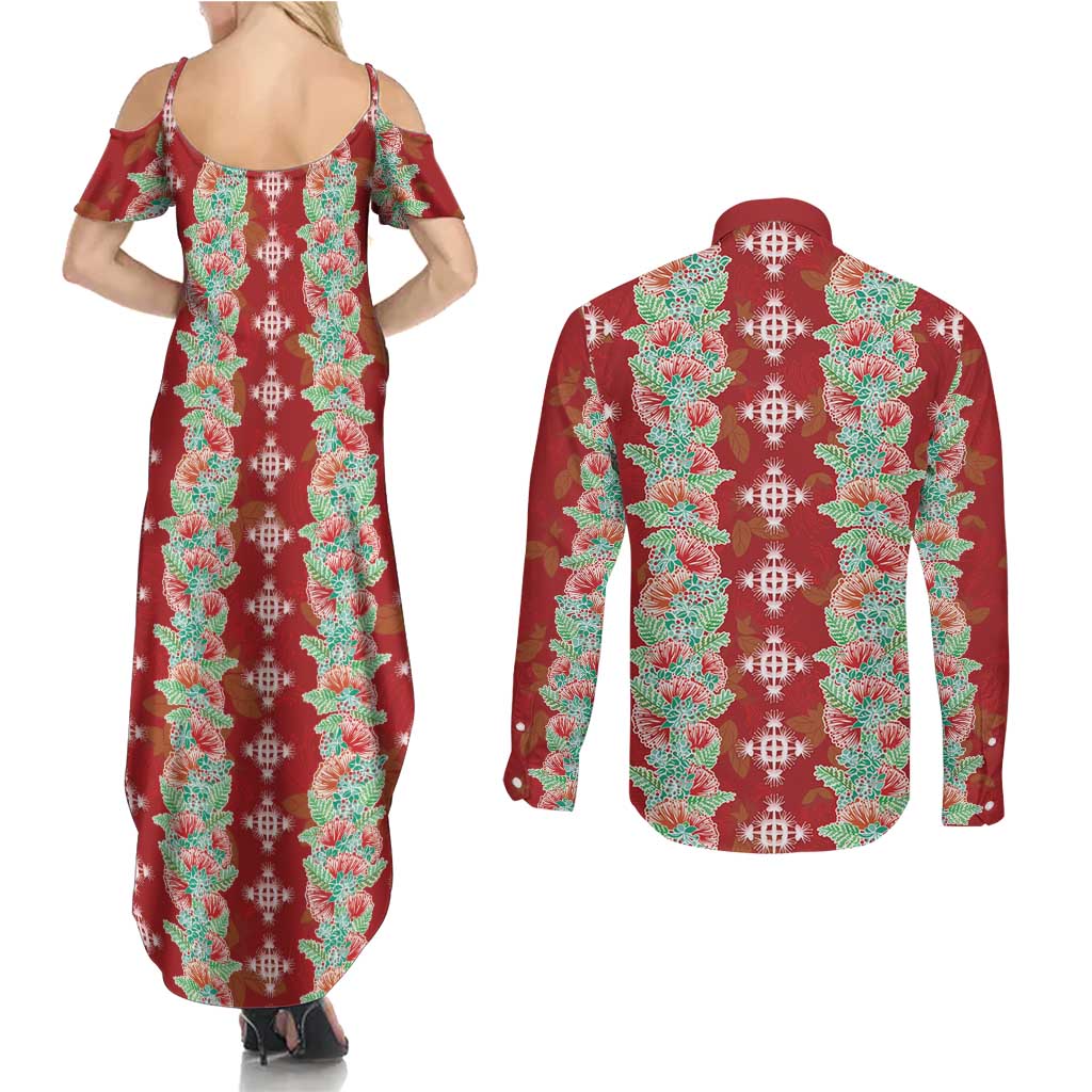 Hawaii Ohia Lehua Couples Matching Summer Maxi Dress and Long Sleeve Button Shirt Tropical Vibes Crimson LT05 - Polynesian Pride