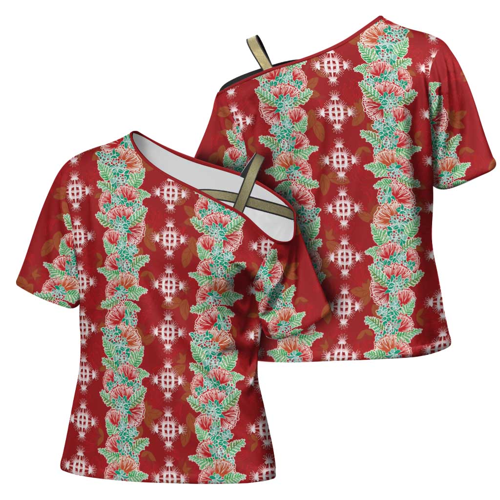 Hawaii Ohia Lehua Cross Shoulder Shirt Tropical Vibes Crimson LT05 - Polynesian Pride