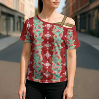 Hawaii Ohia Lehua Cross Shoulder Shirt Tropical Vibes Crimson LT05 - Polynesian Pride