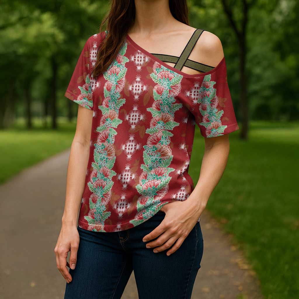 Hawaii Ohia Lehua Cross Shoulder Shirt Tropical Vibes Crimson LT05 - Polynesian Pride