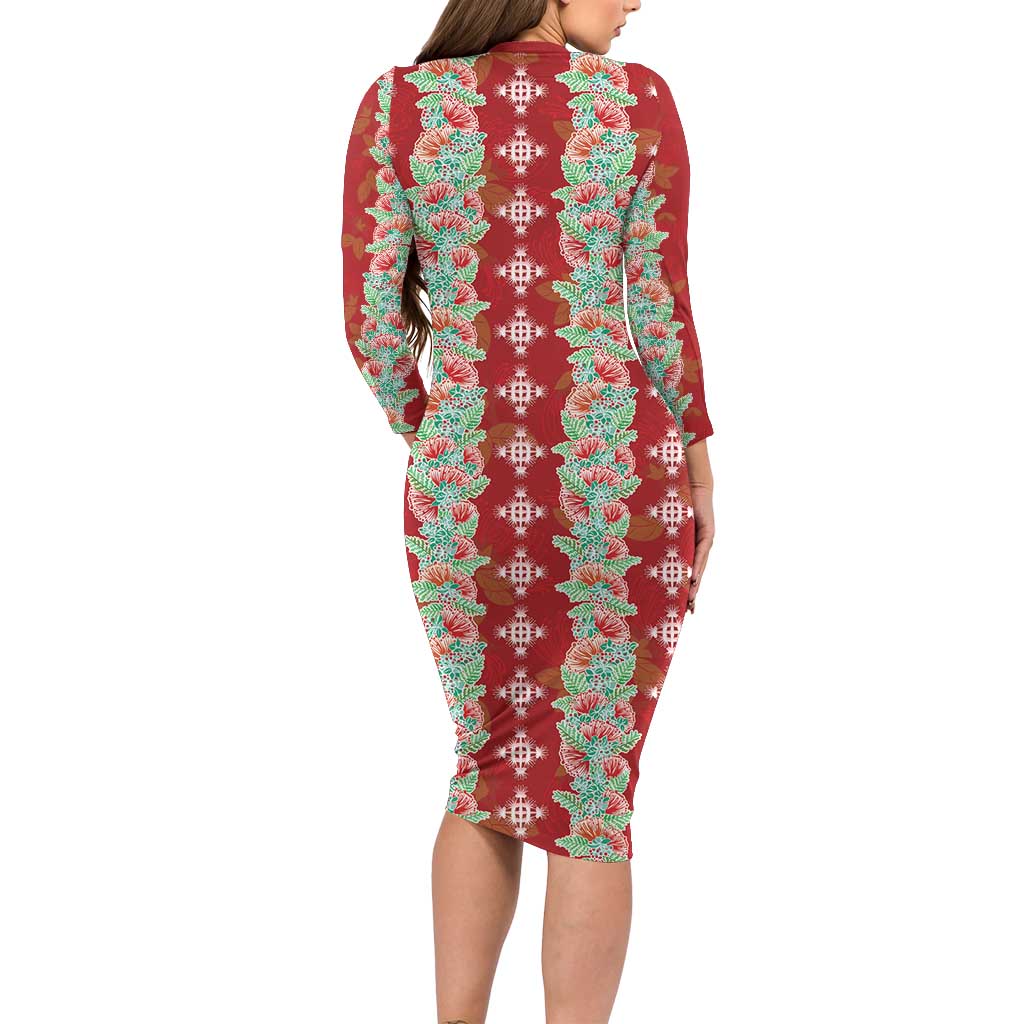 Hawaii Ohia Lehua Family Matching Long Sleeve Bodycon Dress and Hawaiian Shirt Tropical Vibes Crimson