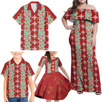 Hawaii Ohia Lehua Family Matching Off Shoulder Maxi Dress and Hawaiian Shirt Tropical Vibes Crimson
