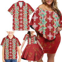 Hawaii Ohia Lehua Family Matching Off Shoulder Short Dress and Hawaiian Shirt Tropical Vibes Crimson