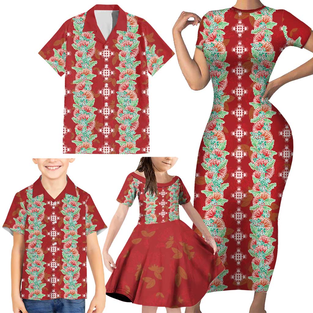 Hawaii Ohia Lehua Family Matching Short Sleeve Bodycon Dress and Hawaiian Shirt Tropical Vibes Crimson