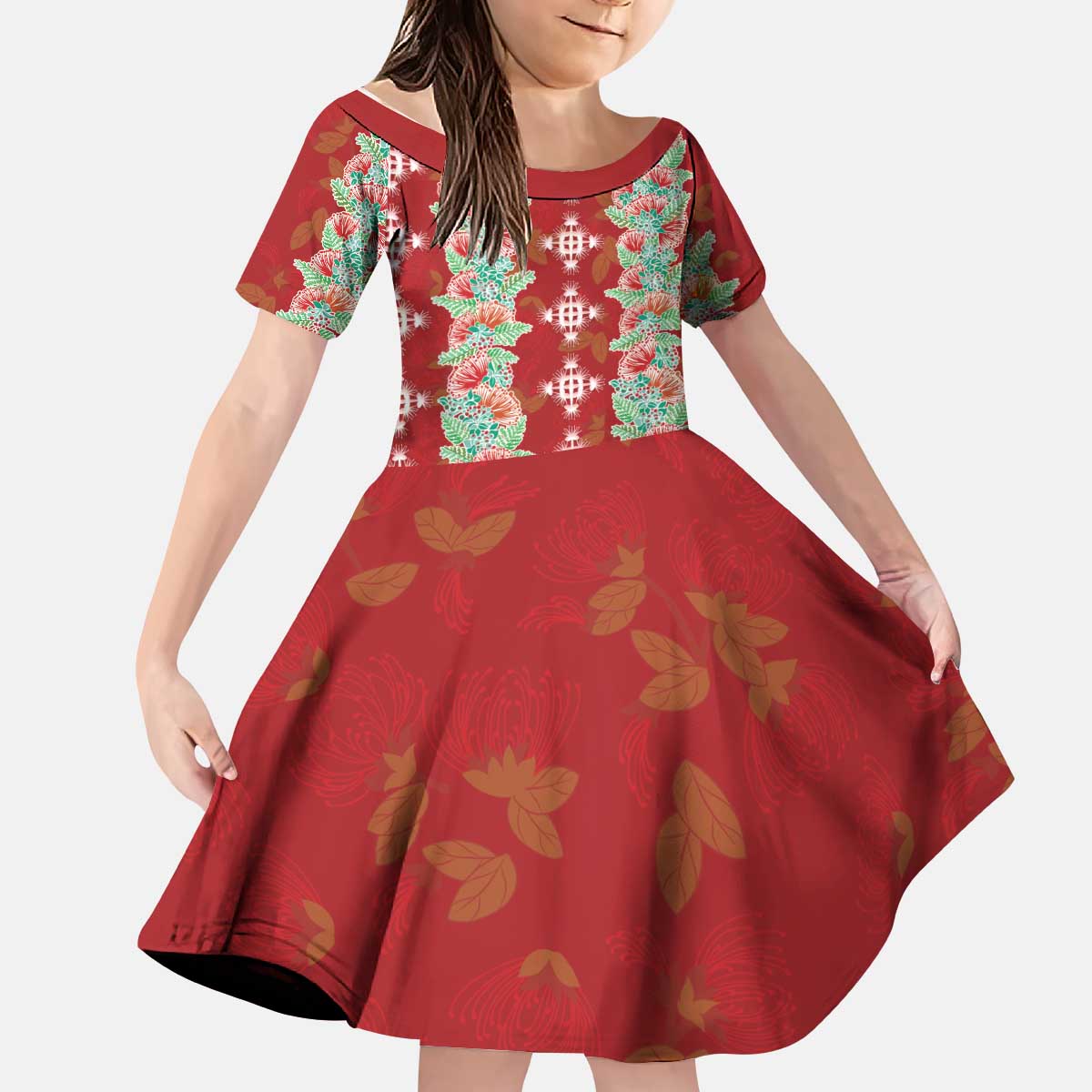 Hawaii Ohia Lehua Kid Short Sleeve Dress Tropical Vibes Crimson LT05 KID Crimson - Polynesian Pride