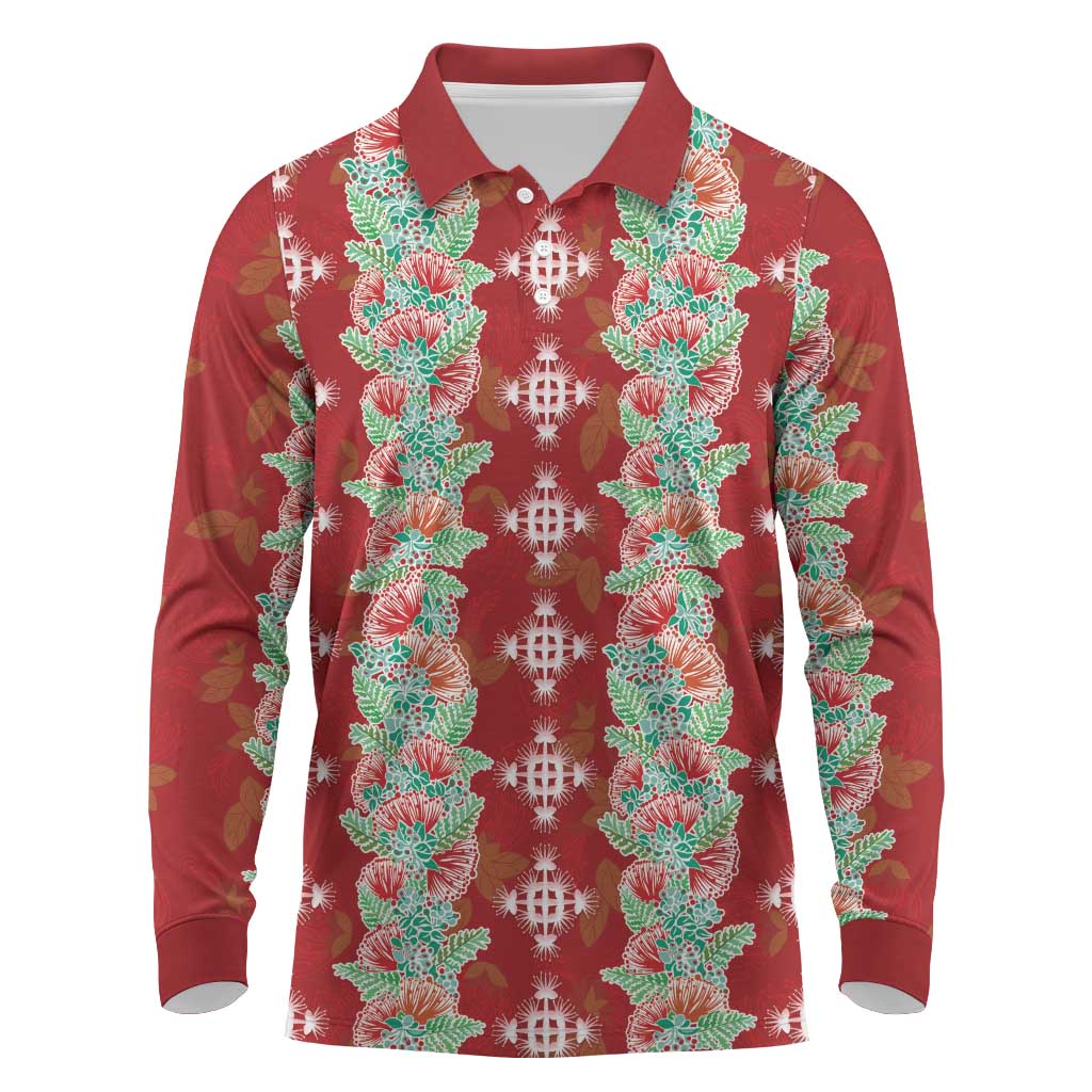 Hawaii Ohia Lehua Long Sleeve Polo Shirt Tropical Vibes Crimson LT05 Crimson - Polynesian Pride