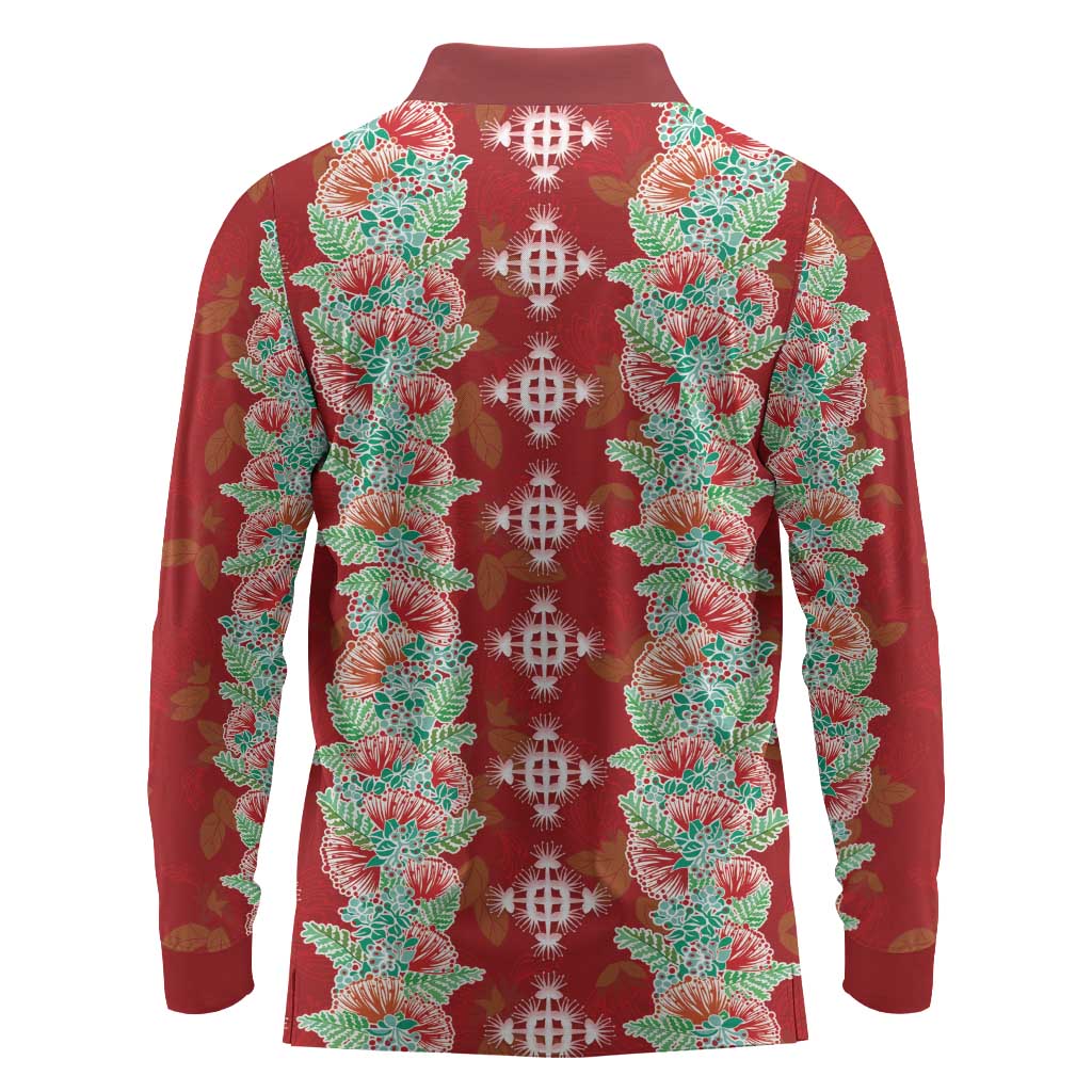 Hawaii Ohia Lehua Long Sleeve Polo Shirt Tropical Vibes Crimson LT05 - Polynesian Pride