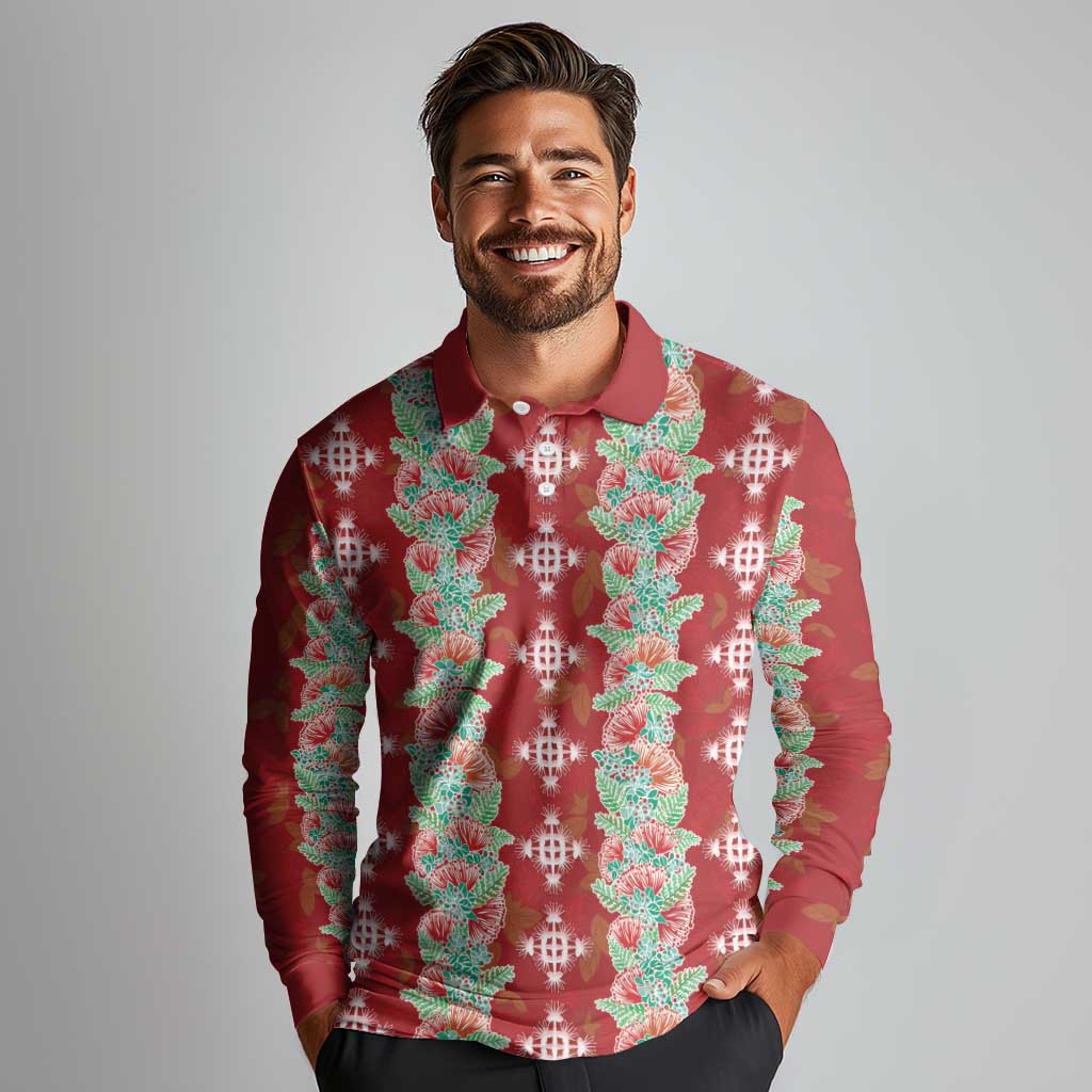 Hawaii Ohia Lehua Long Sleeve Polo Shirt Tropical Vibes Crimson LT05 - Polynesian Pride