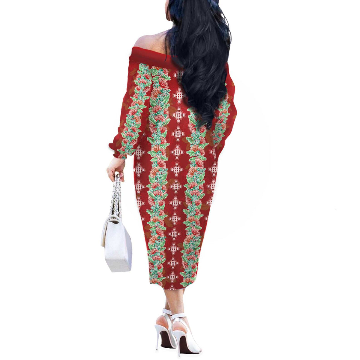Hawaii Ohia Lehua Off The Shoulder Long Sleeve Dress Tropical Vibes Crimson LT05 - Polynesian Pride