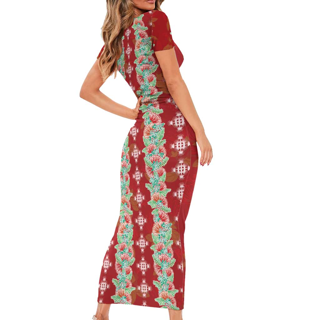 Hawaii Ohia Lehua Short Sleeve Bodycon Dress Tropical Vibes Crimson LT05 - Polynesian Pride