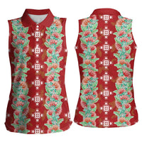 Hawaii Ohia Lehua Women Sleeveless Polo Shirt Tropical Vibes Crimson