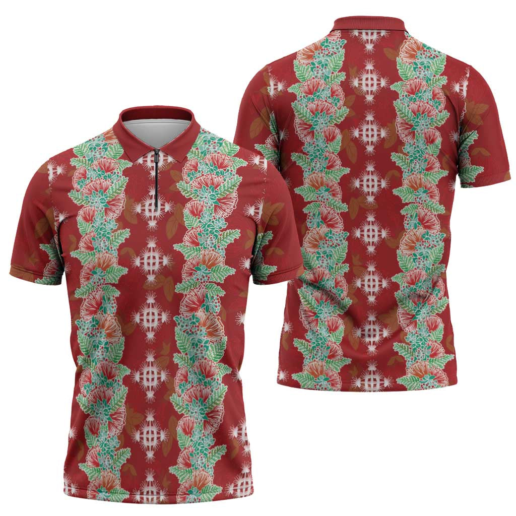 Hawaii Ohia Lehua Zipper Polo Shirt Tropical Vibes Crimson LT05 - Polynesian Pride