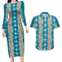 Hawaii Ohia Lehua Couples Matching Long Sleeve Bodycon Dress and Hawaiian Shirt Tropical Vibes Teal