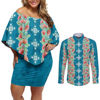 Hawaii Ohia Lehua Couples Matching Off Shoulder Short Dress and Long Sleeve Button Shirt Tropical Vibes Teal