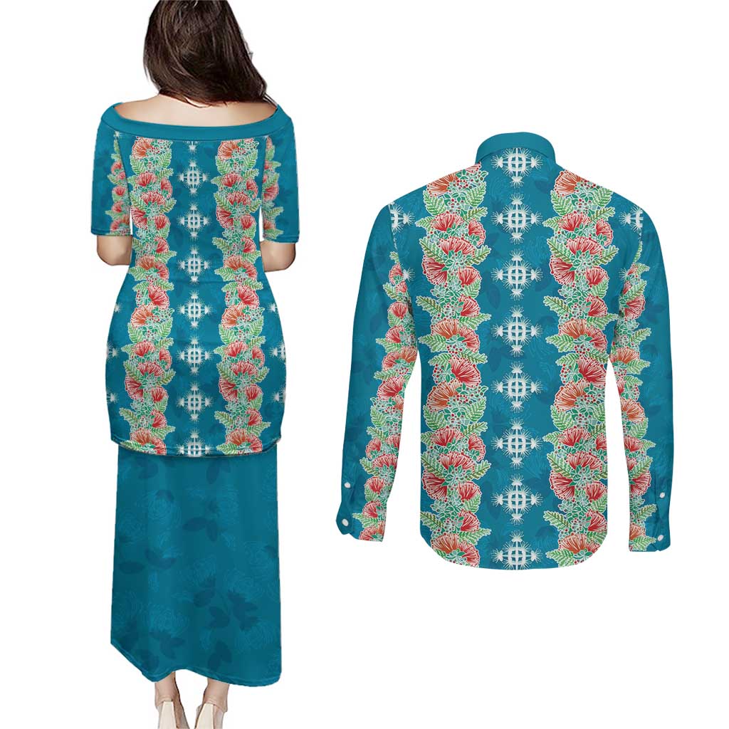 Hawaii Ohia Lehua Couples Matching Puletasi and Long Sleeve Button Shirt Tropical Vibes Teal LT05 - Polynesian Pride