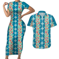 Hawaii Ohia Lehua Couples Matching Short Sleeve Bodycon Dress and Hawaiian Shirt Tropical Vibes Teal