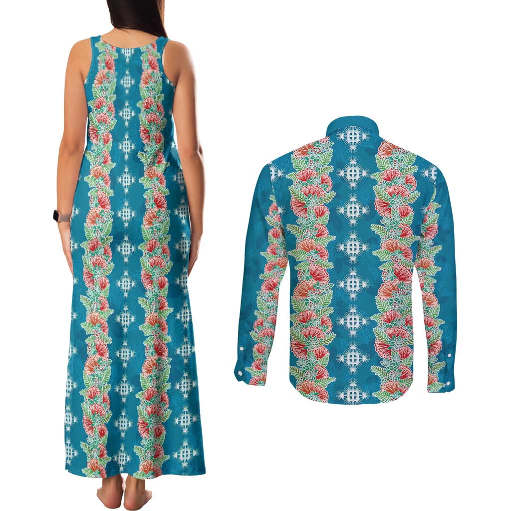 Hawaii Ohia Lehua Couples Matching Tank Maxi Dress and Long Sleeve Button Shirt Tropical Vibes Teal LT05 - Polynesian Pride
