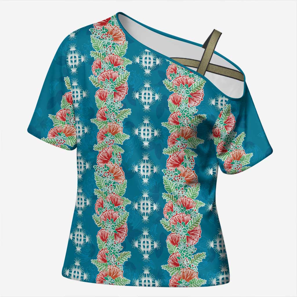 Hawaii Ohia Lehua Cross Shoulder Shirt Tropical Vibes Teal