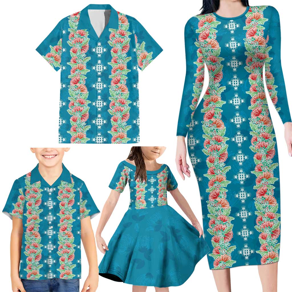 Hawaii Ohia Lehua Family Matching Long Sleeve Bodycon Dress and Hawaiian Shirt Tropical Vibes Teal