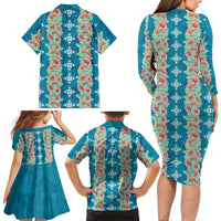 Hawaii Ohia Lehua Family Matching Long Sleeve Bodycon Dress and Hawaiian Shirt Tropical Vibes Teal