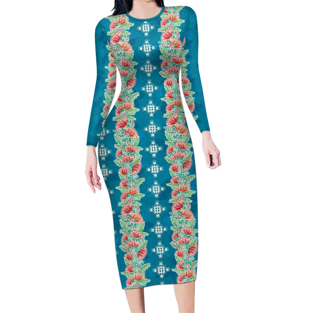 Hawaii Ohia Lehua Family Matching Long Sleeve Bodycon Dress and Hawaiian Shirt Tropical Vibes Teal