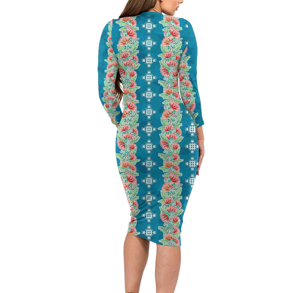 Hawaii Ohia Lehua Family Matching Long Sleeve Bodycon Dress and Hawaiian Shirt Tropical Vibes Teal